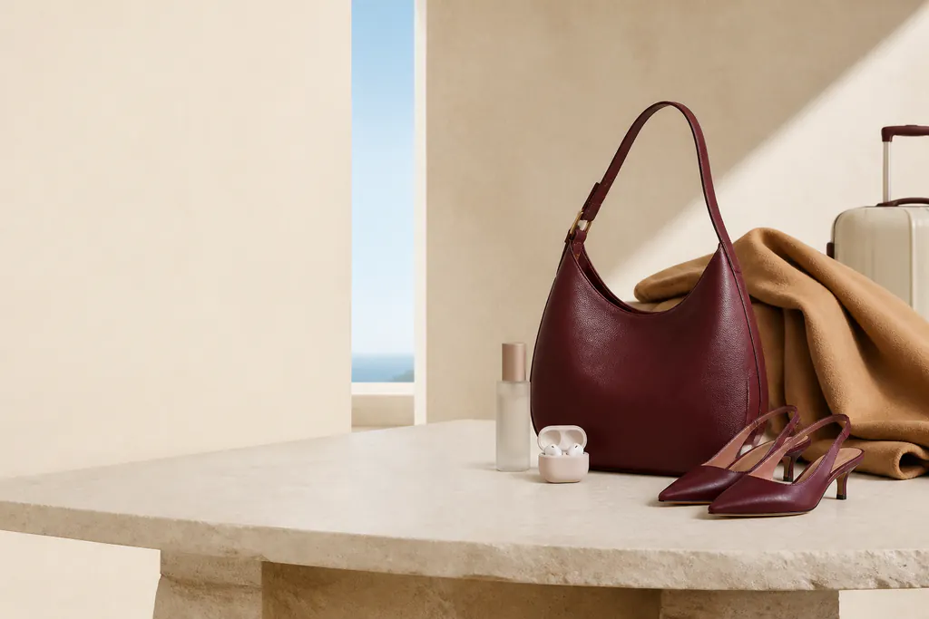 Oxblood shoulder bag, slingback shoes, beauty bottle, earbuds, and luggage in a sunlit interior